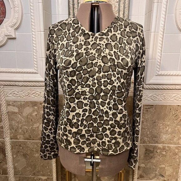 Jillian Jones. Sz Large. 85% Silk. Camo Knit Stretch Green Pullover Top. B94 - Picture 1 of 4
